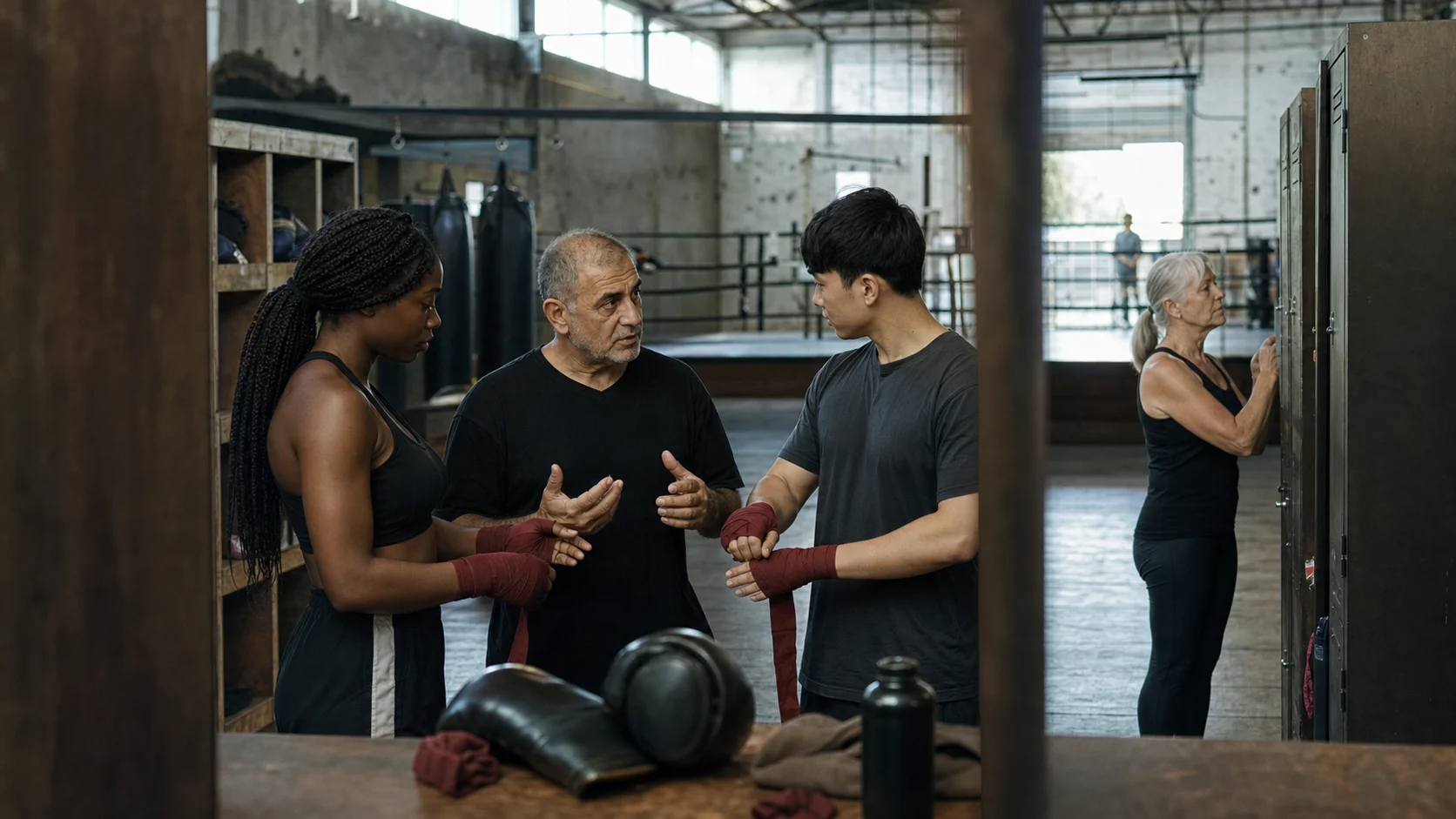 A multicultural group preparing hand wraps before a one-off workshop in an Australian boxing studio