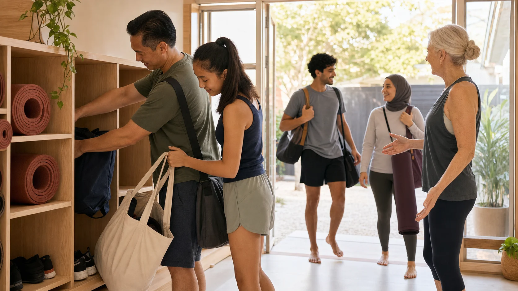 Multicultural families placing their bags away as they arrive for a movement class