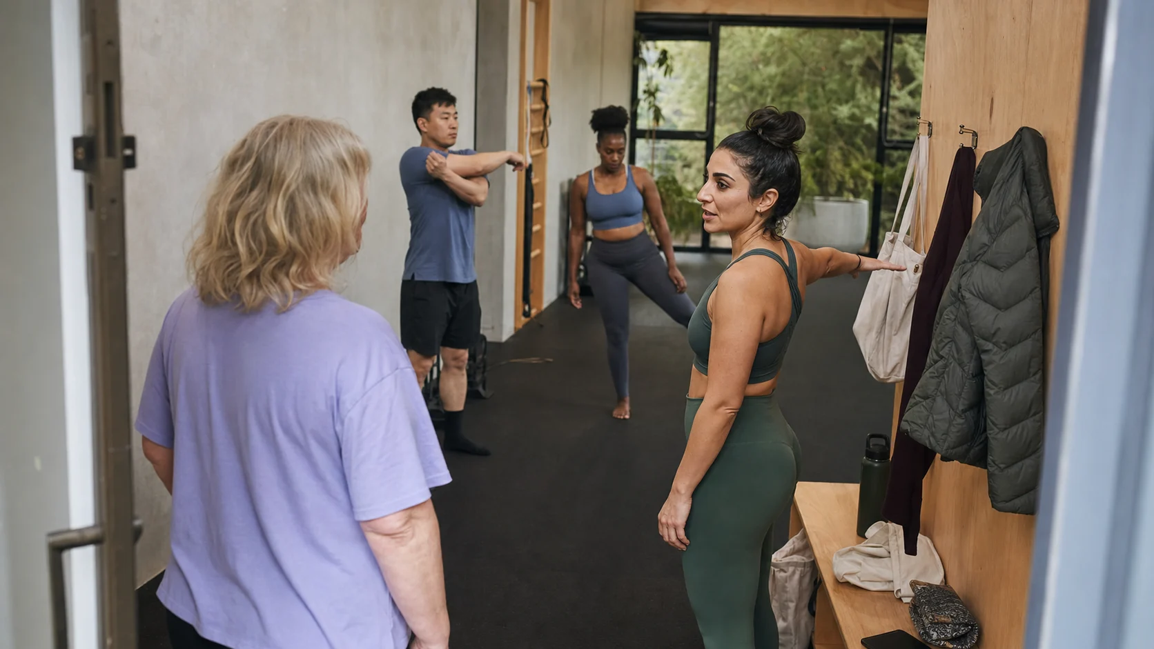 An instructor welcoming a first-time member while a diverse small group warms up