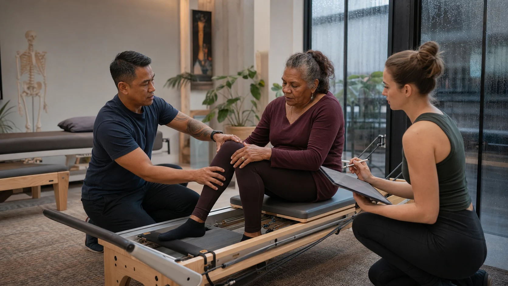 A physiotherapist and instructor discussing movement with an older member in a Pilates studio