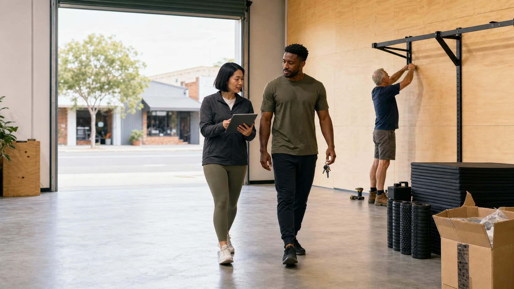 Two managers walking through a newly fitted Australian fitness studio before opening