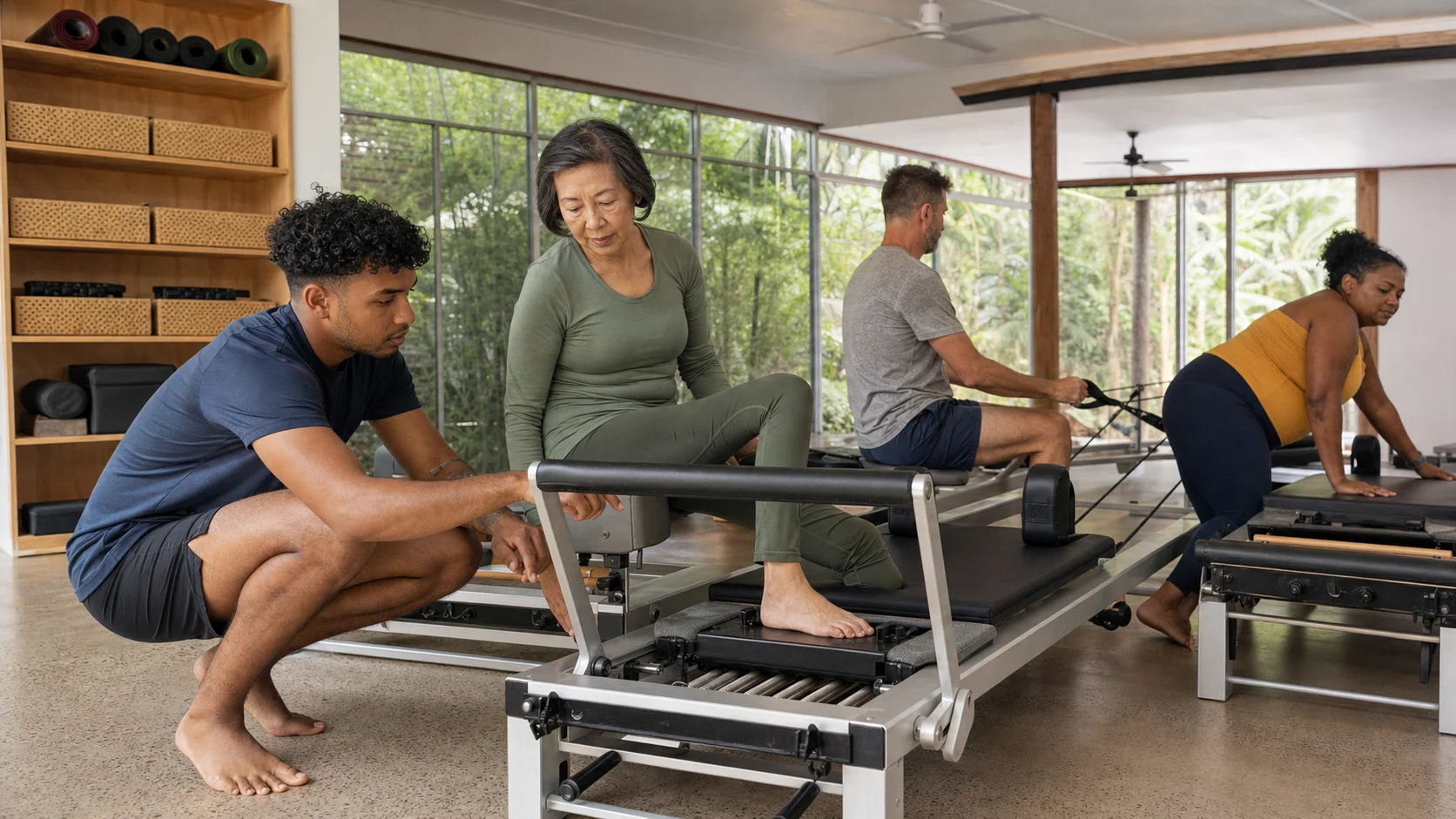 An instructor helping an older member set up a reformer while a diverse class prepares nearby