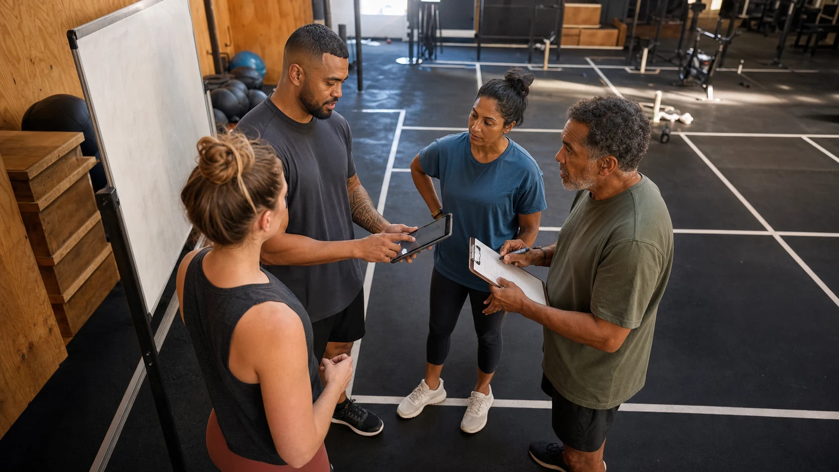 A multicultural Australian fitness studio team discussing the evening handover around a tablet