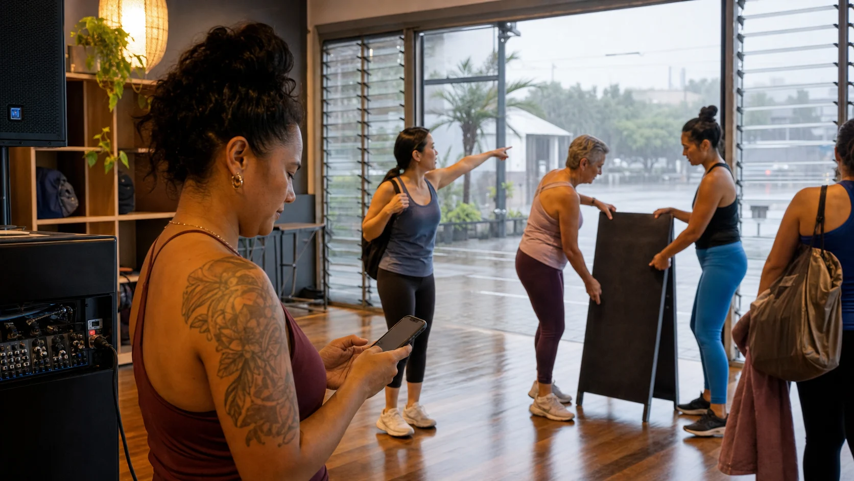 A studio instructor sending an update while staff make the entrance safe during tropical rain