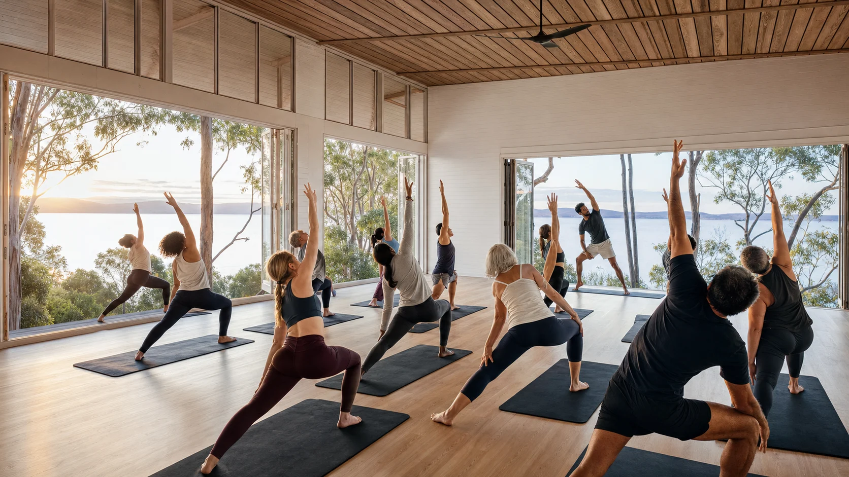 A diverse Australian yoga class moving together in a timber studio at sunrise