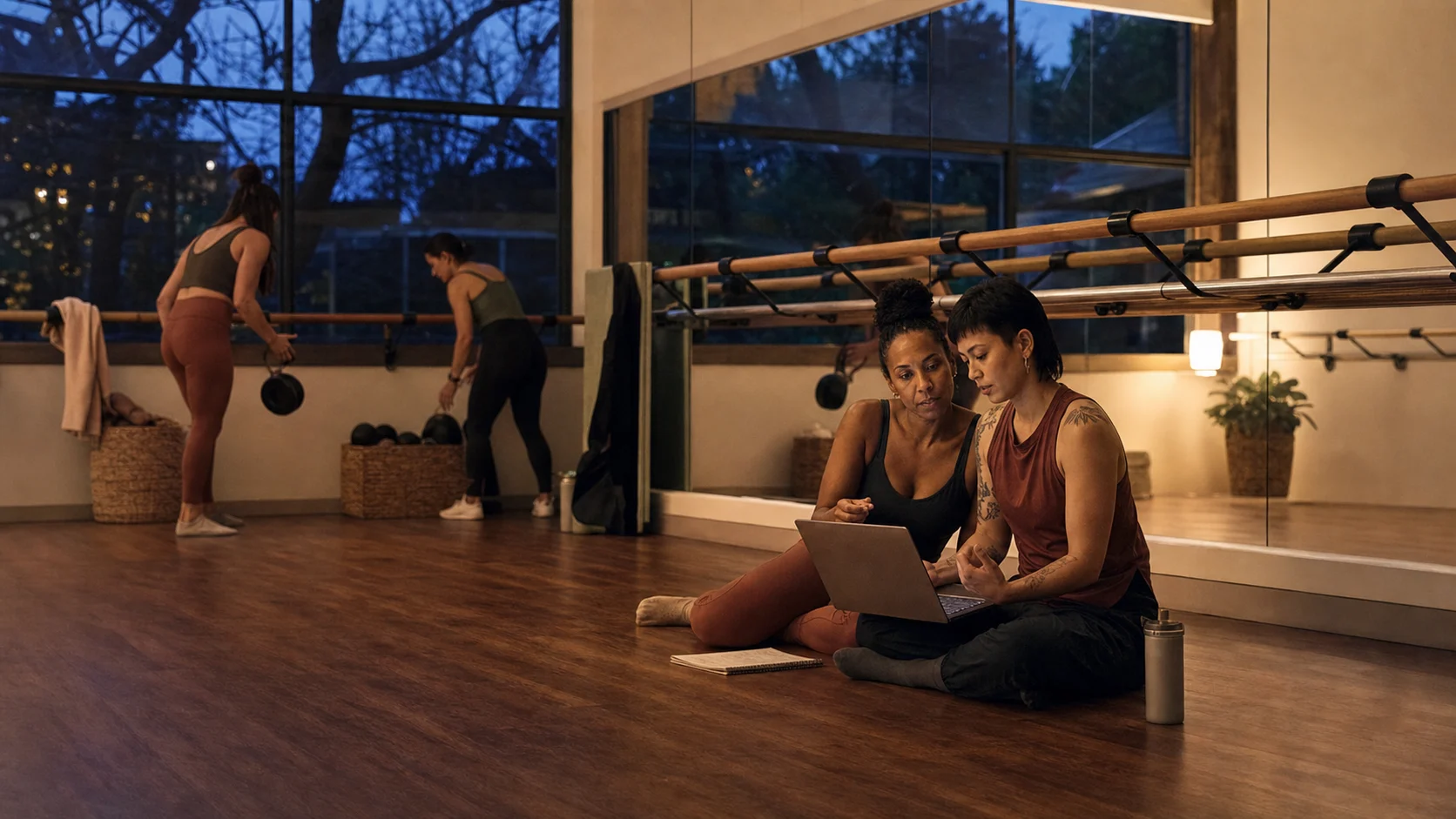 Two studio owners planning the next timetable on a laptop after the final barre class