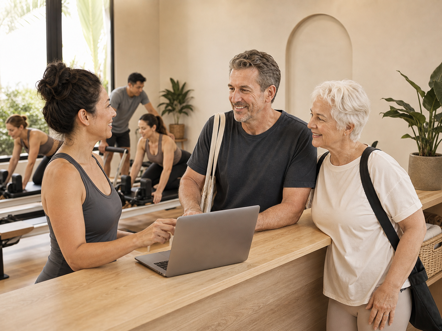 Pilates studio owner welcoming regular clients at reception while a class begins