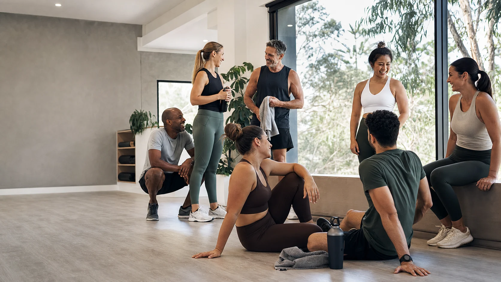 A multicultural group of adults relaxing together after a class in a bright Australian boutique fitness studio