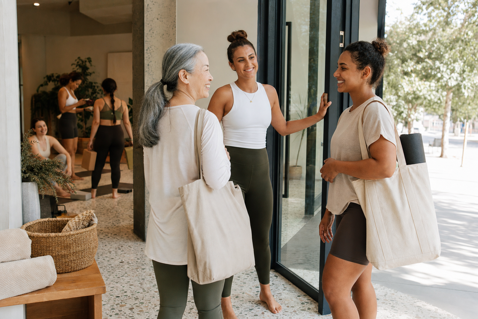 Older client greeting a studio instructor at the entrance while another class gets ready inside