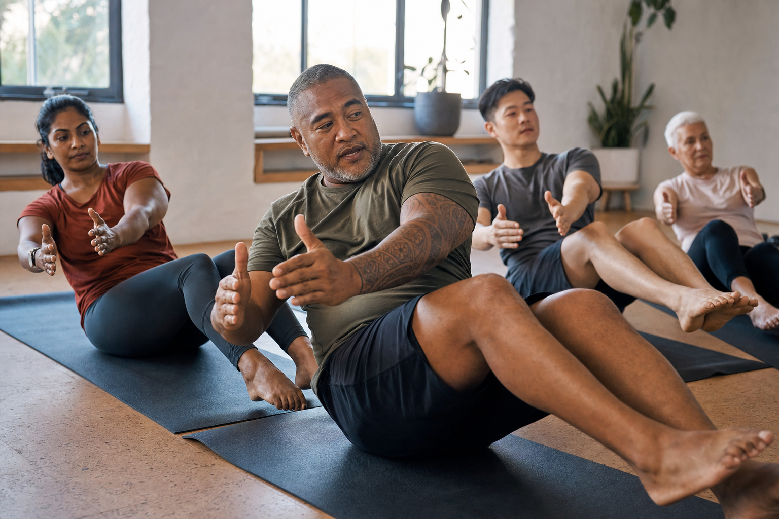 Multicultural Australian movement class following an instructor through a controlled floor exercise