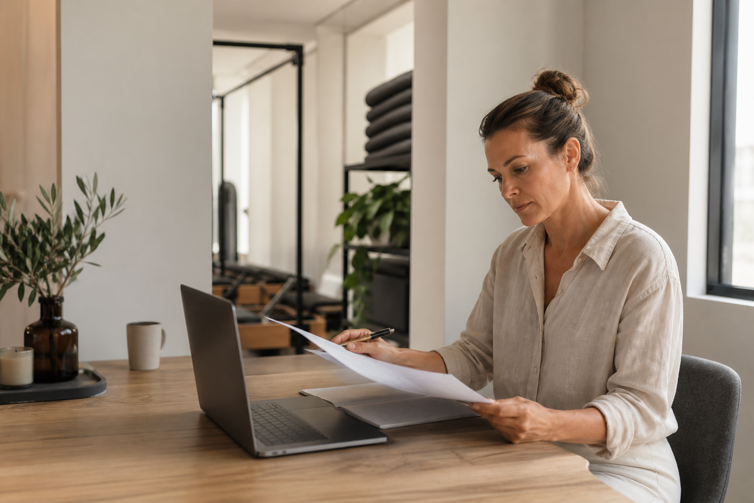 Studio owner reviewing a membership agreement beside a laptop in a quiet boutique fitness studio office
