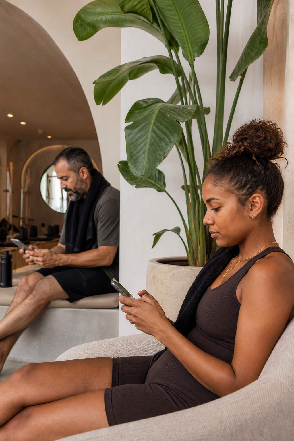 Two members using their phones after class in a bright multicultural Australian boutique fitness studio lounge