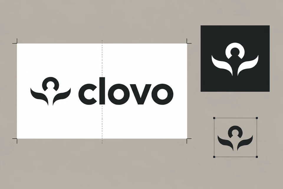 Clovo logo artwork on warm stone grey, with a charcoal wordmark, reversed symbol and crop guides.