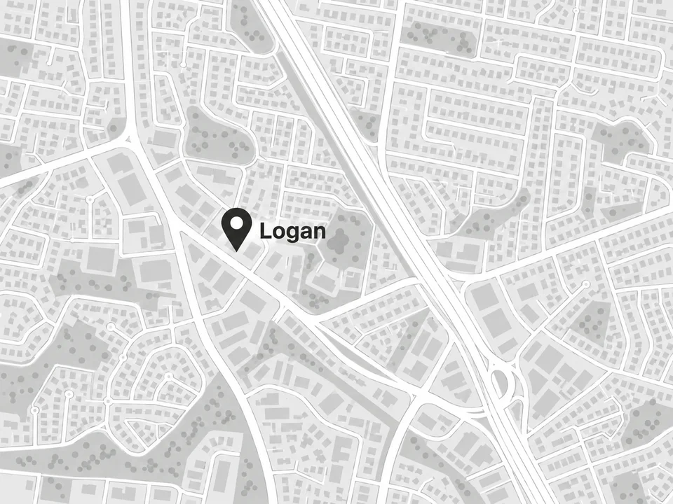 Illustrated street map with a pin labelled Logan, Queensland, where Clovo began in a Pilates studio.