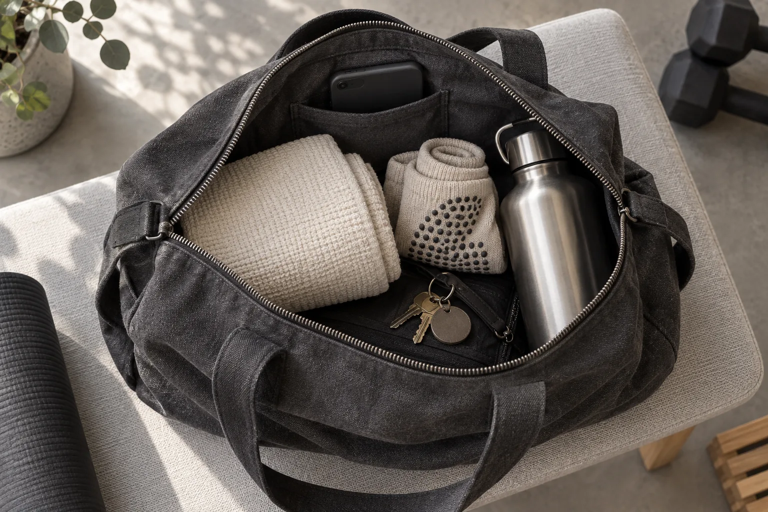 Phone tucked into a gym bag alongside a towel, grip socks and water bottle