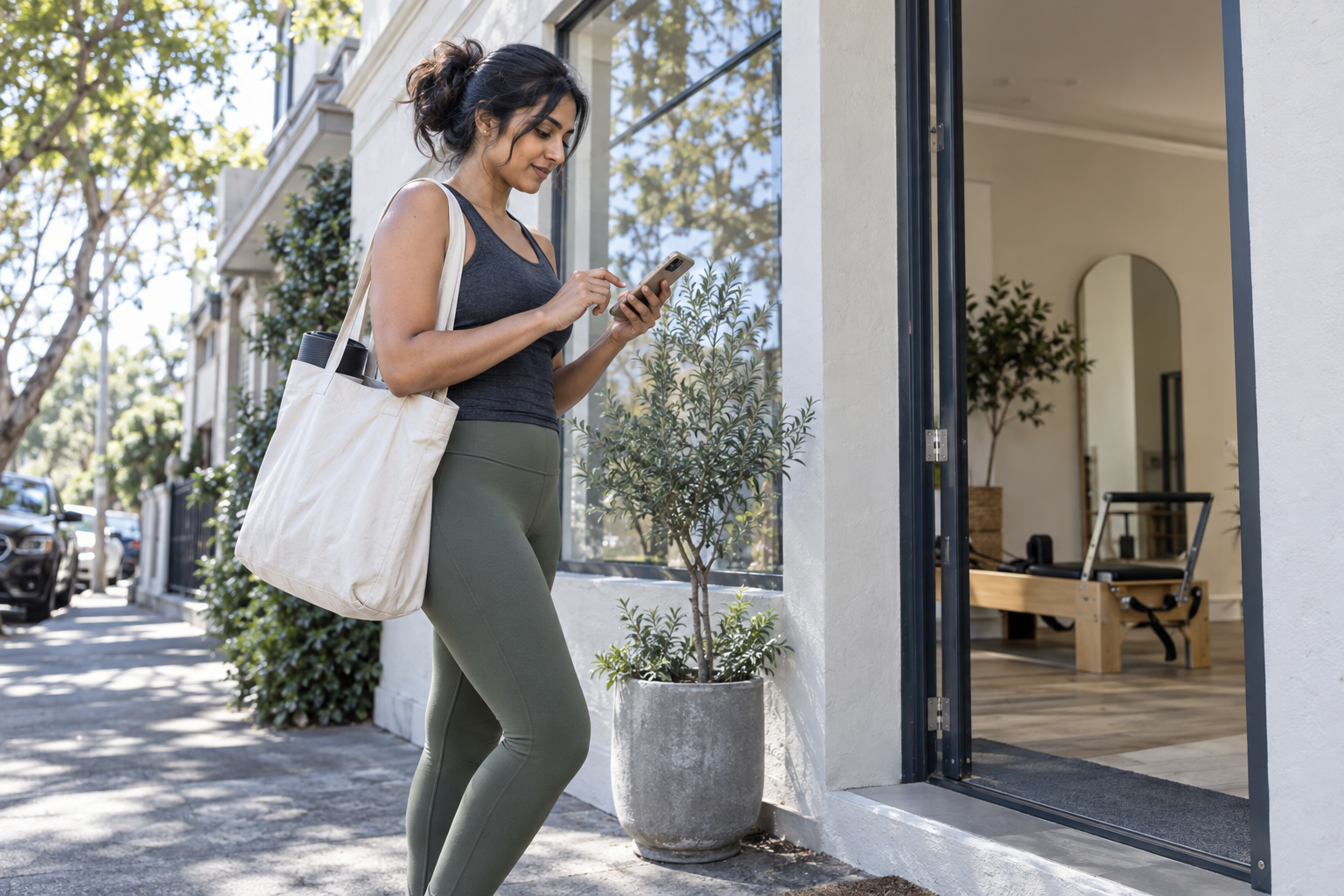 Client using her phone outside a boutique Pilates studio before heading inside