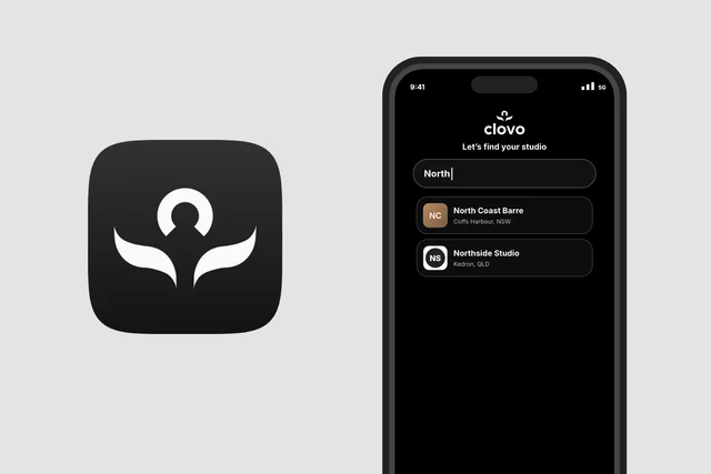 The Clovo app icon beside a phone searching for a studio by name