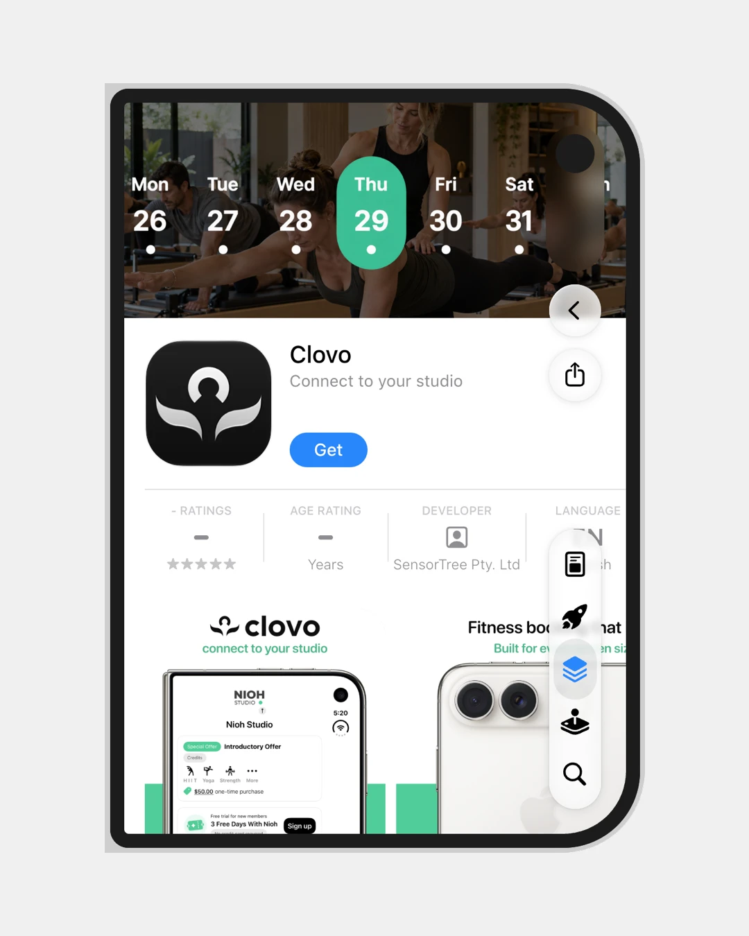 Clovo’s iPad App Store listing with a Pilates class banner and booking previews