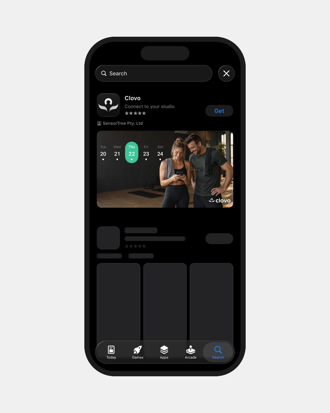 Clovo in iPhone App Store search results in dark mode