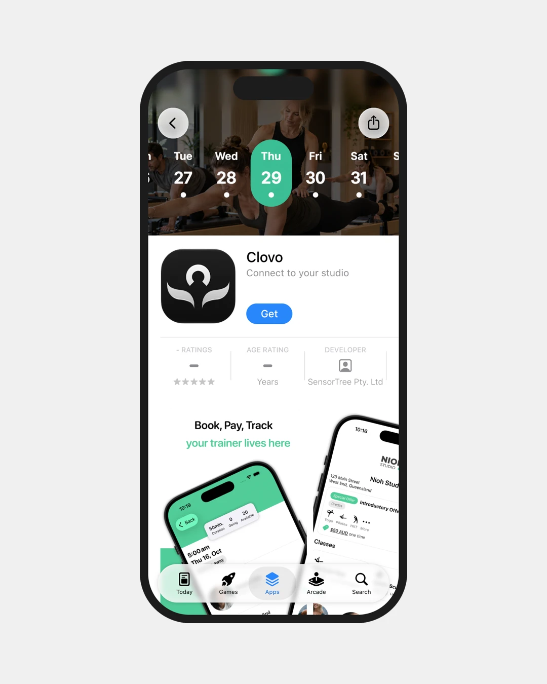 Clovo’s iPhone App Store listing with a Pilates class banner and booking screenshots