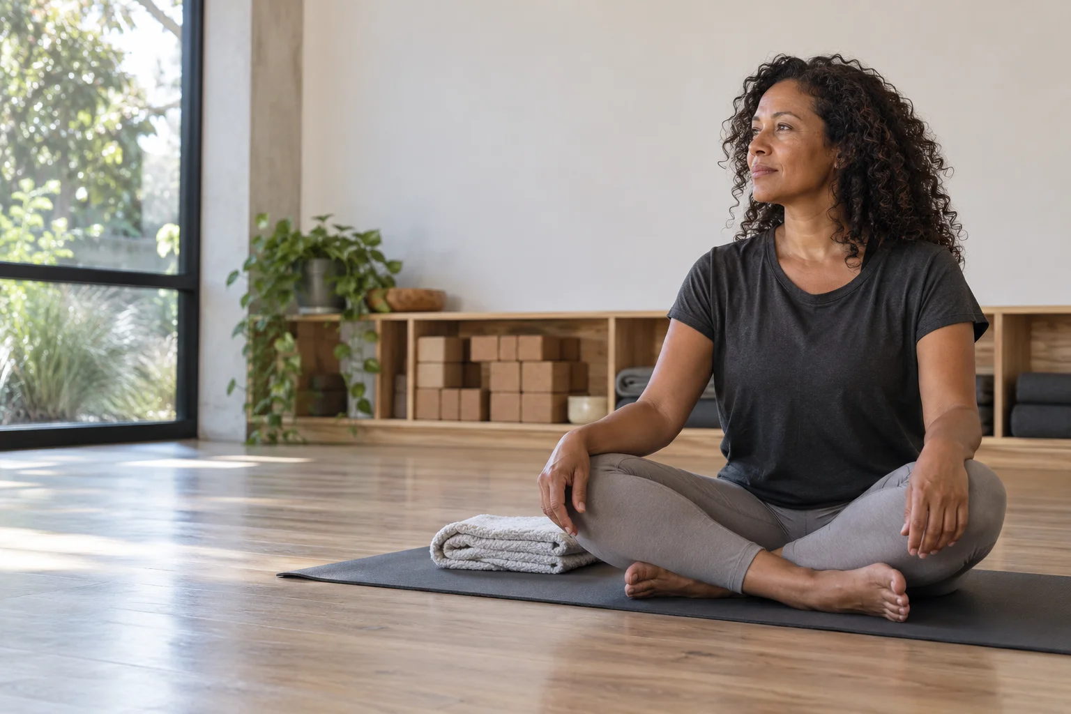 Yoga studio owner sitting on a mat between classes in a bright boutique studio